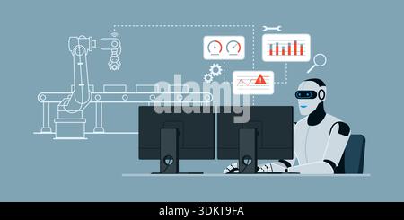 Robot IA autonome travaillant dans une usine, vérifiant les données des capteurs et surveillant l'état des équipements, l'IA et le concept de l'industrie Illustration de Vecteur