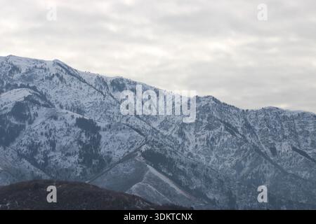 Crête alpine enneigée avec pentes boisées Banque D'Images