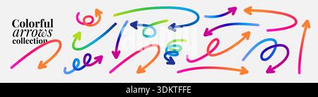 Flèche vectorielle définie avec des couleurs dégradées et des lignes de doodle dessinées à la main. Formes courbes abstraites et icônes de design moderne pour les éléments graphiques créatifs et Illustration de Vecteur