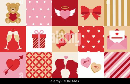 Joyeux fond de Saint-Valentin. Motif géométrique avec des éléments de design Love à la mode. Imprimé romantique festif Illustration de Vecteur