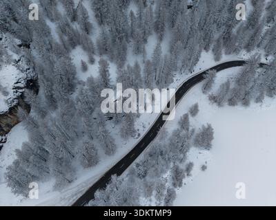 Vue aérienne d'une route sinueuse traversant une forêt enneigée, contrastant avec la vaste étendue du lac gelé, Sils im Engadin/Segl, Grigioni, SW Banque D'Images