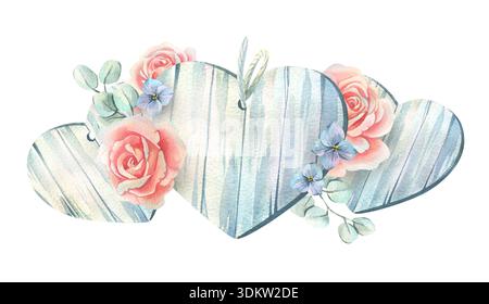 Coeurs blancs en bois avec fleurs d'hortensia, roses roses roses, brins d'eucalyptus. Illustration d'aquarelle dessinée à la main pour mariage et vacances de printemps Banque D'Images