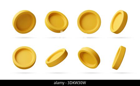Ensemble de pièces d'or 3d dans différents angles. Illustration de Vecteur