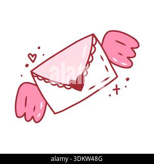 Lettre d'amour coquette, enveloppe avec ailes, élément mignon dessiné à la main. Illustration vectorielle dans le style doodle Illustration de Vecteur