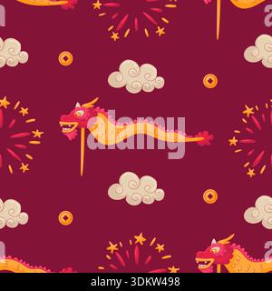 Motif asiatique traditionnel rouge et jaune. Dragon de style plat, pétards et nuages. Nouvel an chinois lunaire Illustration de Vecteur