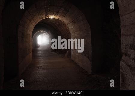 Un ancien tunnel de pierre vole au-dessus de la tête, guidant le spectateur vers la lumière pâle à l'extrémité éloignée. Les ombres fraîches et les murs rugueux créent une atmosphère sombre, contemplati Banque D'Images
