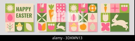 Ensemble de cartes géométriques modernes joyeuses Pâques en vert et rose avec lapin, œufs, fleurs et symboles de printemps. Modèles vectoriels plats pour les salutations, invita Illustration de Vecteur