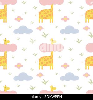 Girafe Children motif sans couture pour papier peint dans la chambre de garçon ou de fille. Joli design plat fantaisiste avec texture crayon. Couleurs pastel douces. Illustration de Vecteur