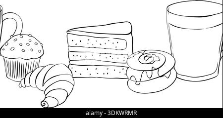 Motif boulangerie. Fond avec des produits de cuisson et des ustensiles. bordure horizontale sans couture. illustration dessinée à la main. Encre de ligne graphique vectorielle Noir, blanc Illustration de Vecteur
