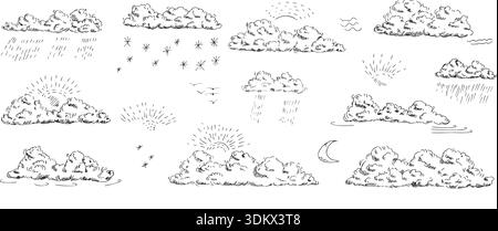 Réglage météo. Nuages dessinés à la main avec pluie, neige et soleil dans un simple croquis au crayon. Sky Elements avec ligne de stylo vintage. Dessin à l'encre du ciel venteux. Vecteur illu Illustration de Vecteur