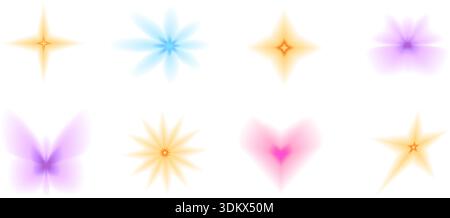 Icônes de gradient y2k figures. Flou aura étoiles de gradation, formes de coeur. Clignotants, fleurs et papillons transparents formes jaunes. Vecteur violet, blen bleu Illustration de Vecteur
