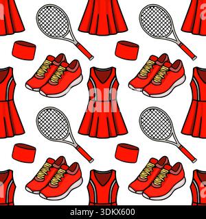Modèle vectoriel sans couture de tenues de tennis rouge, raquettes et baskets Illustration de Vecteur