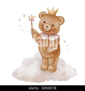 Ours en peluche sur le nuage dans la couronne tenant la baguette magique avec étoile. Illustration d'aquarelle dessinée à la main pour la conception d'enfants avec. Conception pour les biens de l'enfant, bébé Banque D'Images