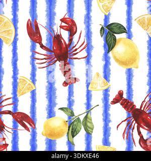 Motif sans couture coloré avec homards rouges et citrons jaunes sur un fond de rayures bleu clair, parfait pour une utilisation dans des projets créatifs, décoration de cuisine Banque D'Images