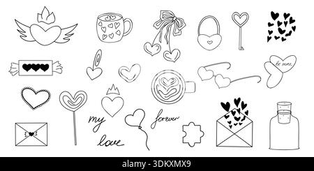Ensemble de Saint-Valentin dessiné à la main, clip art avec des coeurs, symboles d'amour, tasses à café, clés, arcs et enveloppes, collection d'encre minimaliste Illustration de Vecteur