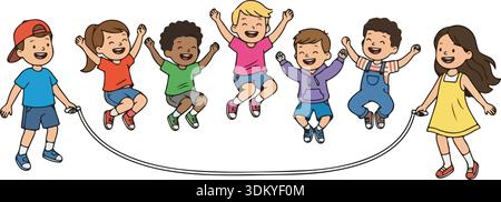 Groupe d'enfants divers heureux sautant par-dessus une corde à sauter ensemble, illustration vectorielle de dessin animé plat sur fond blanc Illustration de Vecteur