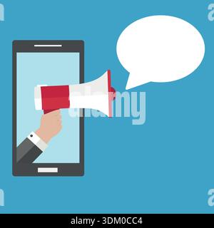 Illustration vectorielle main tenant le mégaphone avec le discours de bulle - concept de publicité de téléphone mobile Illustration de Vecteur