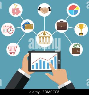 Icônes modernes de conception plate dans des couleurs élégantes de l'écran tactile de la main avec des icônes d'affaires, achat en ligne sur tablette numérique et utilisation de commerce électronique sans fil. Illustration de Vecteur