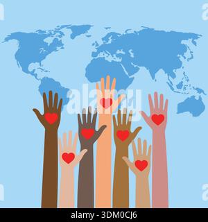 Concept de médias sociaux représenté par la main humaine et la carte du monde. emblème du bénévolat .. Illustration de Vecteur