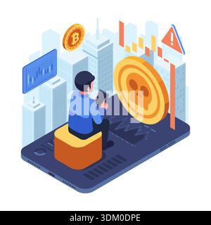Illustration isométrique d'un investisseur négociant une pièce de crypto-monnaie d'escroquerie. Concept de crypto Scam. Illustration de Vecteur