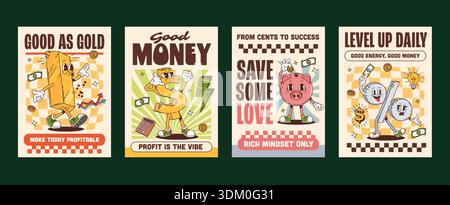Des affiches de personnages hippie funky de finance et d'affaires groovy avec des slogans vectoriels. Bon comme l'or, rendre aujourd'hui rentable ou bon argent et le profit est l'ambiance. Des centimes au succès et sauver un peu d'amour Illustration de Vecteur