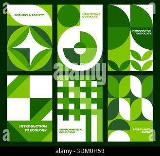 Affiches écologie avec environnement géométrique motifs Bauhaus. Bannière vectorielle d'économie d'environnement avec des formes Bauhaus. Protection de la nature et écologie dépliants ou affiches de pollution avec motif abstrait vert Illustration de Vecteur