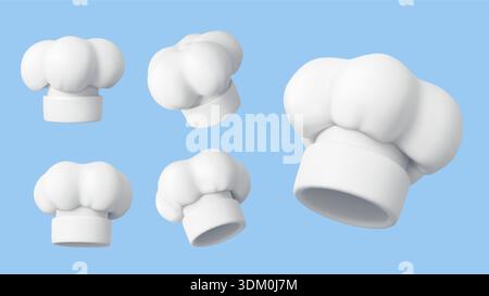 chapeaux toque blanc de chef et boulanger 3d, chapeau de cuisinière uniforme. Ensemble vectoriel de casquettes de cuisinier, chapeaux de chef blancs et toques de boulanger pour le personnel de cuisine, restauran Illustration de Vecteur