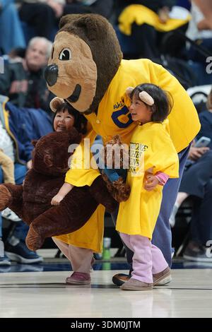 Mascotte CAL. Oski marchant avec de jeunes fans pendant le match de la saison de basket-ball féminin ACC au Pavillon Hass dimanche 1 février 2026 à Berkeley, CA (photo de Gerome Wright/image of Sport) Banque D'Images