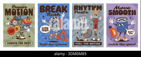 Pièces de rechange de voiture groovy personnages rétro posters, service automobile vectoriel. Moteur de voiture de dessin animé, piston de véhicule et ressort de suspension, freins rétro groovy, ensemble d'affiches de caractères d'huile moteur et de filtre Illustration de Vecteur