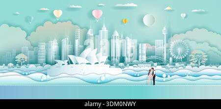 Voyagez à l'opéra en Australie monuments avec des ballons d'amour et couple dans l'art de papier, Origami, conception de papier coupé.voyagez sydney monument en Australie Illustration de Vecteur