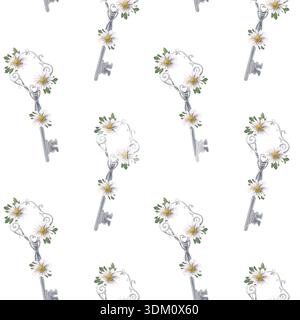 Modèle sans couture avec des clés en métal, des fleurs de chrysanthèmes. Illustration aquarelle peinte à la main isolée sur blanc pour textile, emballage, papeterie Banque D'Images