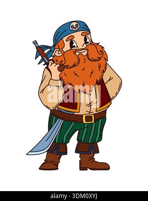 Rousse corsair pirate personnage adorable de dessin animé. Mascotte joyeuse du capitaine Corsair, navigateur pirate ou artilleur vectoriel avec une grande barbe rouge et des moustaches, se tenant debout avec un pistolet à silex à la main Illustration de Vecteur