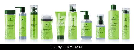 bouteilles vertes cosmétiques 3d réalistes, maquette vectorielle de paquet de conteneurs. Shampooing, gel nettoyant, déodorant, crème de soin de la peau, gel douche, sérum et mousse capillaire, distributeur à pompe, bouchon vaporisateur produit cosmétique Illustration de Vecteur