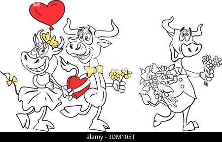 Personnages de taureau de dessin animé mignons dans l'amour et romantique Illustration de Vecteur