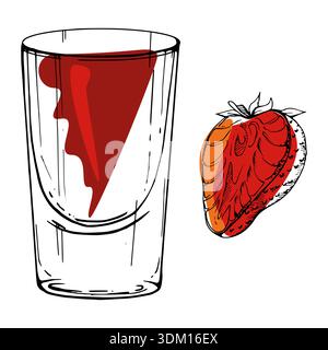 Cocktail rouge vif, jus de tomates ou de fruits, limonade avec garniture de fraise. Punch, boisson alcoolisée ou spiritueux servis dans un verre à liqueur. Dessiné à la main Illustration de Vecteur