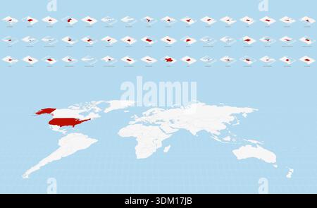 Cartes d'état DES ÉTATS-UNIS en style papier plié isométrique avec une carte du monde focalisée sur les États-Unis en couleur rouge. Illustration de Vecteur