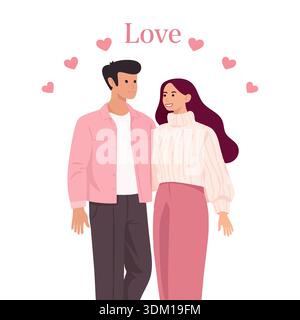 Couple debout ensemble avec des coeurs autour d'eux Illustration de Vecteur