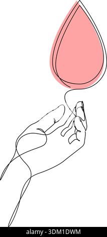 Dessin continu d'une ligne d'une main tenant une goutte de sang. Don rouge ou concept de soins médicaux. Illustration de Vecteur