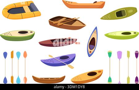 Matériel de kayak. Transport par eau différent, navires gonflables en plastique en bois et pagaies. Bateaux lumineux pour les compétitions de rivière ou de lac, jeu de vecteur sapid de l'eau set d'œuvres d'art originales Illustration de Vecteur