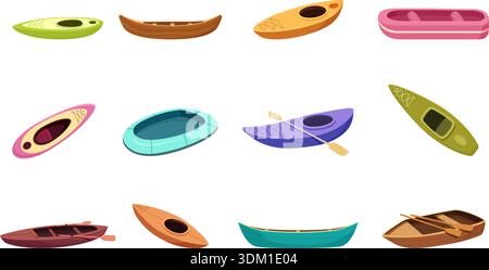 Bateaux de rafting de dessins animés. Gonflable, en bois, bateau en plastique, transport d'eau de lac de rivière isolé. Différents types de navires pour le passe-temps et le tournoi, vecteur sapid set illustration originale Illustration de Vecteur