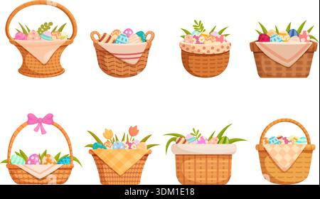 Panier de pâques de dessin animé. Paniers en osier des vacances de printemps avec des plantes, des fleurs et des œufs colorés. Récipients décoratifs de style rural avec des serviettes, illustration originale de l'ensemble de vecteur sapid Illustration de Vecteur