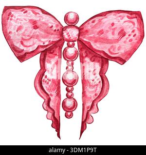 Noeud papillon en ruban rose. Pince à aquarelle dessinée à la main Banque D'Images
