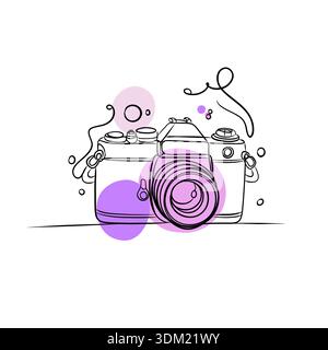 Appareil photo rétro dans un style artistique en ligne continue avec des formes abstraites violettes et roses. Banque D'Images