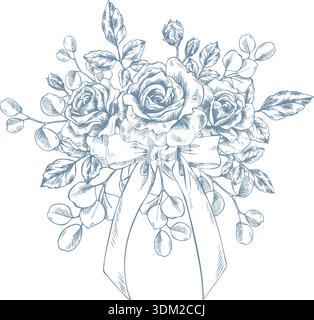 Ce dessin au trait monochrome dessiné à la main représente un délicat bouquet de roses et d'eucalyptus, noué avec un arc, parfait pour les vacances de printemps et le mariage Illustration de Vecteur
