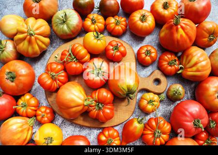 Tomates anciennes vibrantes récoltées sur une surface rustique Banque D'Images