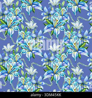 Motif aquarelle sans couture éclatant avec lys bleus en fleurs entrelacés avec de délicats brins de perles. Le motif botanique répétitif Banque D'Images