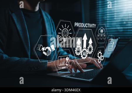 Concept de productivité et d'automatisation métier basé sur L'IA. Professionnel utilisant un ordinateur portable avec intelligence artificielle améliorant l'efficacité du flux de travail, Banque D'Images