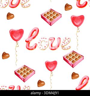 Modèle sans couture avec aquarelle dessinée à la main 'AMOUR' pain d'épice, boîte de bonbons au chocolat, ballon en forme de coeur et pralines. Saint Valentin backgrou doux Banque D'Images