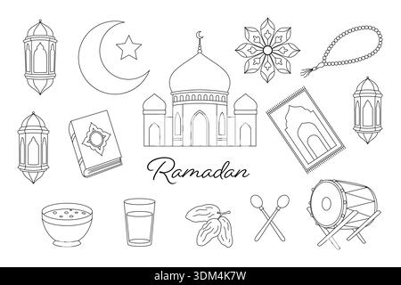 Ensemble de diverses icônes d'art au trait noir et blanc représentant divers éléments associés au mois sacré islamique du Ramadan, y compris une mosquée, lanterne Illustration de Vecteur