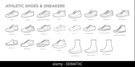 Ensemble de croquis de chaussures de sneakers avec diagramme de nom. Athlétique running tennis randonnée skate soccer, toile, entraîneur extensible haut de gamme. Feuille d'illustration de chaussures techniques, paires de vue latérale, style vectoriel propre. Illustration de Vecteur